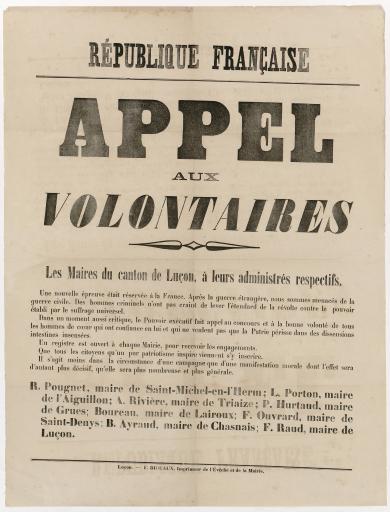 Luçon Impr. F. Bideaux République française. Appel aux volontaires [contre la guerre civile].